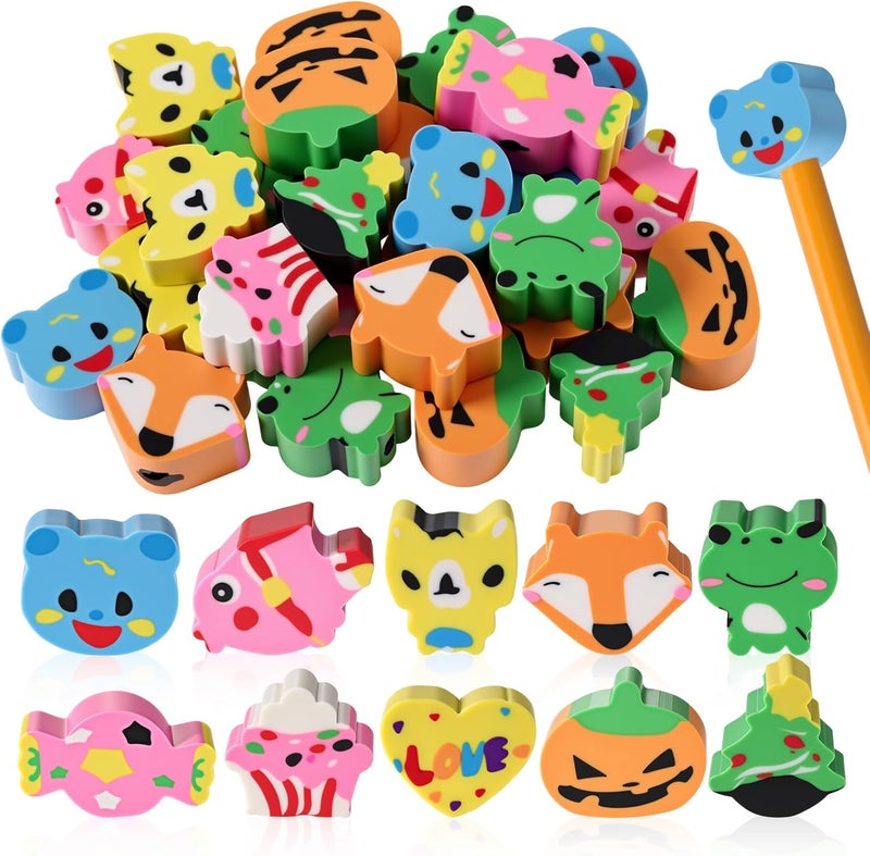 Arrowbash 50 Pcs Pencil Top Erasers for Kids Bulk 10 Cute Animal Designs Assorted Fun Pencil Toppers for Kids and Students Gifts for Back to School Party - Image 1
